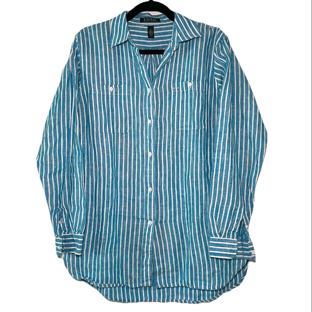 Ralph Lauren Linen Striped Blue White long Sleeve Button Down Shirt Medium